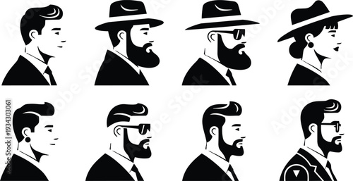 Minimalist vector art eight side profile avatars men and women with hats beards sunglasses earrings suits vintage fedora close up flat icon set black white silhouettes