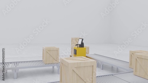 Logistics Automation Concept with Wooden Box on Conveyor Belt Passing Scanner