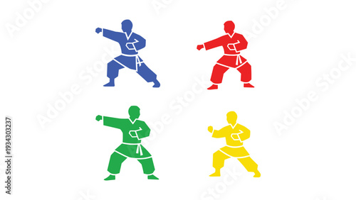 Four colorful karate fighters in dynamic stances against a white background