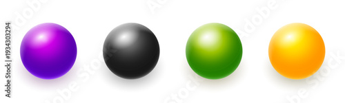 Glossy colorful spheres collection purple black green orange gradient balls isolated white background minimal abstract design concept