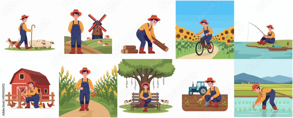 Fototapeta premium Cute Cartoon Farmer Character in Various Activities with Countryside Scenery
