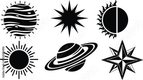 Minimal monochrome flat design close up compass rose and ringed planet icons with sun burst stars and bold geometric space motifs vector set high contrast scalable