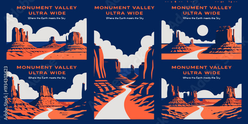 Desert Highway Through Monument Valley – Minimalist Ultra‑Wide Flat Vector Panoramic Illustration | USA US U.S. United States Banner, Card & Flyer Design
