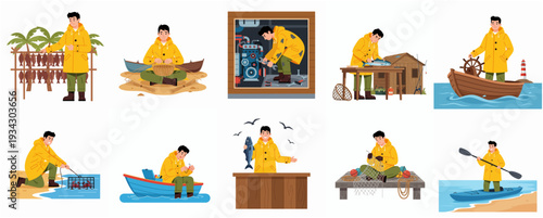 Flat Illustration Fisherman Character in Different Situations Set Vector Graphic