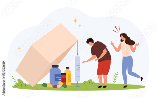 Drug addiction trap concept with a person approaching a syringe and pills, highlighting the dangers of substance abuse, isolated on white background vector illustration.