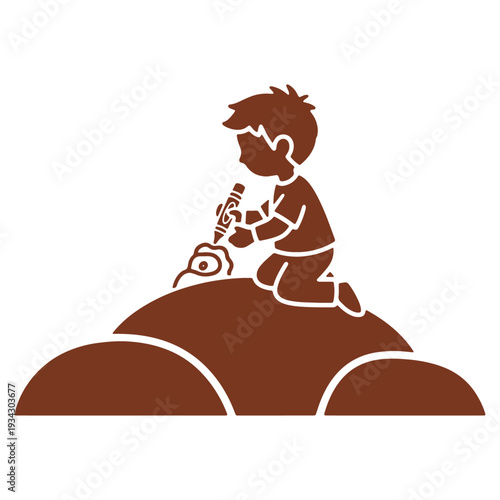 Creative Little Boy Drawing on Stone Sculpture Expressing Himself Through Art with Vibrant Imaginations and Artistic Exploration