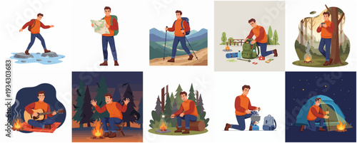 Illustrated Various Activity of Man on Hiking Adventure Trip Illustration