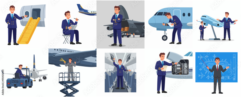 Fototapeta premium Professional Illustration of Diverse Aircraft Aviation Engineer Set of Poses