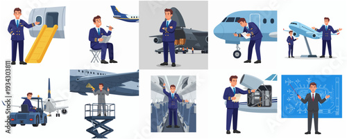 Professional Illustration of Diverse Aircraft Aviation Engineer Set of Poses