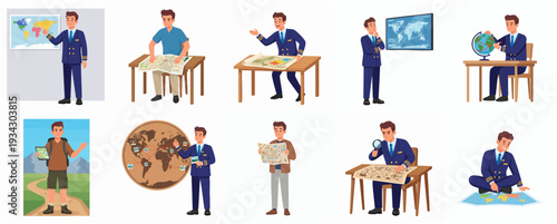 Flat Illustration Various People Exploring World Map and Globe Exploration Element