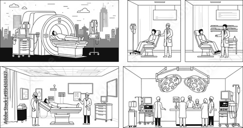 Medical illustration showing MRI scan, intravenous treatment, doctor consultation, hospital bed care, surgical team operation, healthcare facility, diagnostics, treatment, surgery concept