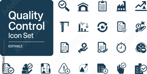 Quality control icon set with factory, checklist, magnifying glass, gear, stopwatch, warning sign, process cycle, editable design, assurance management concept