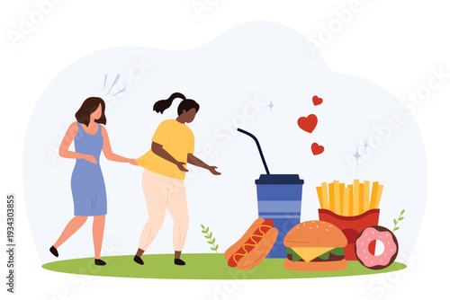 Fast food addiction and health impact concept, featuring people interacting with oversized fast food items, isolated on white background vector illustration.