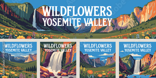 Wildflowers in Yosemite Valley – Layered Gradient Ultra‑Wide Flat Vector Panoramic Illustration | USA US U.S. United States Banner, Card & Flyer Design
