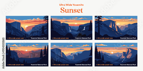 Yosemite Sunset Silhouette with Mountains & Pine Trees – Ultra‑Wide Flat Vector Panoramic Illustration | USA US U.S. United States Banner, Card & Flyer Design
