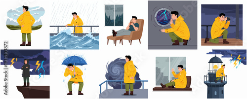 Diverse Illustration Set of Man in Yellow Raincoat Experiencing Storm Scenarios