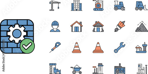 Construction icon set with crane, bulldozer, road roller, worker helmet, house building, tools, infrastructure, urban development, engineering design concept