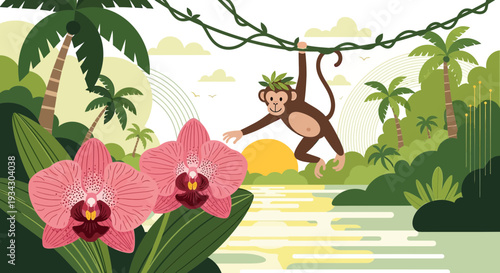 Playful Monkey Swinging in Lush Tropical Jungle with Orchids