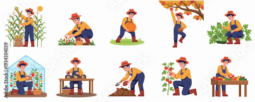 Flat Illustration of Diverse Farming Activities and Harvesting Scene Depicting Agricultural Lifestyle