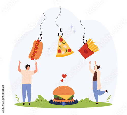 Conceptual image of tiny people reaching for junk food like pizza, hot dogs, and fries, symbolizing addiction and temptation isolated on white background vector illustration
