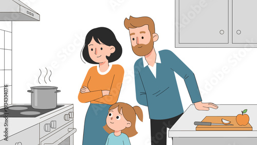Family cooking illustration in kitchen with boiling pot, parents and child together, domestic lifestyle, food preparation, home activity, shared family moment