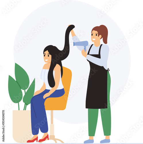 Professional hairstylist drying client's hair in beauty salon