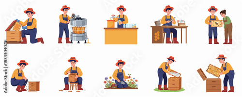 Flat Cartoon Beekeeper Character with Honeycomb and Beekeeping Equipment Illustration