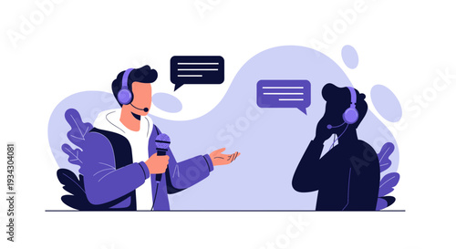 Podcast hosts in conversation, broadcasting live online with microphones and headphones