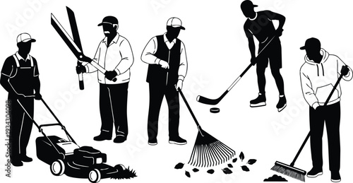 Minimalist silhouette vector art showing five workers mowing trimming hedges raking leaves sweeping and playing street hockey in side view with strong contrast casual clothing daylight