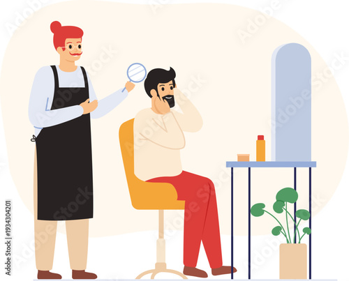 Barber showing client his fresh beard style