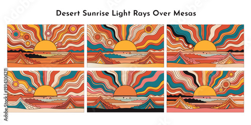 Desert Sunrise Light Rays Over Mesas – Ultra‑Wide Flat Vector Panoramic Illustration | USA US U.S. United States Rustic Southwest Banner, Card & Flyer Design
