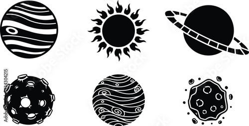 Minimalist vector art six planetary icons close up sun ringed planet striped gas giant cratered moon asteroid orbiting set flat design bold silhouettes monochrome simple scalable