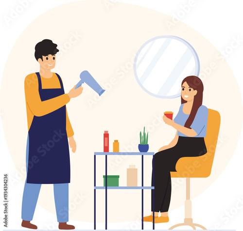 Hairstylist drying customer's hair in a modern salon