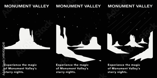 Monument Valley Starry Night Silhouette – Ultra‑Wide Flat Vector Panoramic Illustration | USA US U.S. United States Desert Banner, Card & Flyer Design
