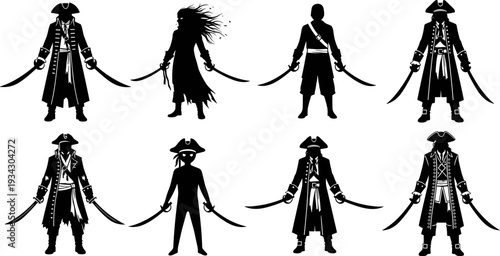Pirate silhouette illustration set with swords, tricorn hats, ghostly and supernatural designs, fantasy pirate characters, adventurous nautical concept artwork