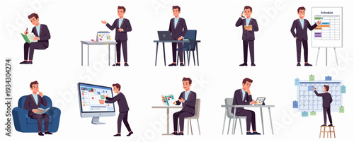 Flat Style Diverse Businessman Daily Activity Routine and Schedule Illustration