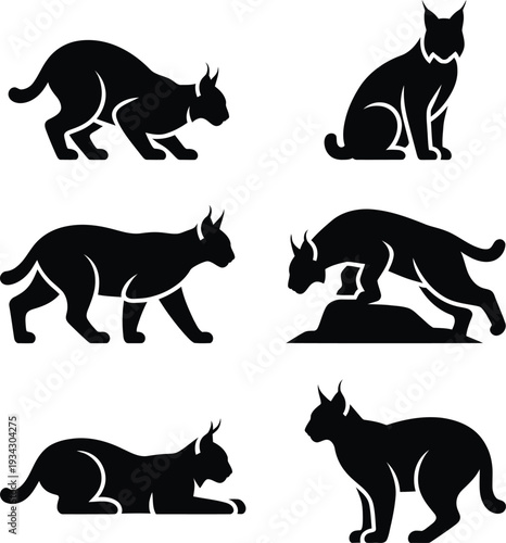 Black silhouettes of cats in various poses feline white background