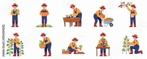 Cartoon Style Collection of Farmer Harvesting Various Crops Illustration Set