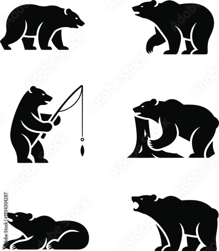 Black bear silhouettes in various poses and actions on white background