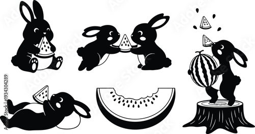 Cute black silhouette rabbits nibbling and sharing watermelon slices in playful poses sitting reclining balancing on tree stump flat vector art set high contrast simple composition