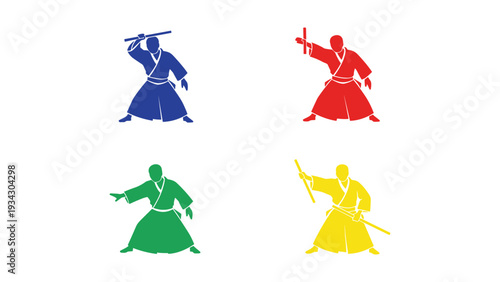 Four martial arts practitioners in distinct colored stances on a plain background