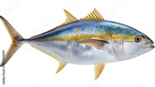 Ultra realistic HD yellowtail amberjack fish silver body, isolated on white background