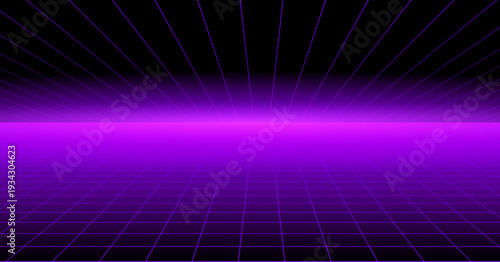 Neon retro futuristic background with glowing purple grid horizon perspective cyberpunk synthwave digital landscape abstract technology concept