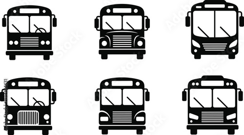 Bus Front View Icon Set with Classic and Modern Public Transport Silhouette Vector Illustration Collection