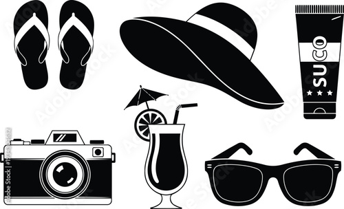 Minimalist vector flat design top view summer travel icons set flip flops sun hat sunglasses camera sunscreen cocktail with straw umbrella arranged on white background vibe