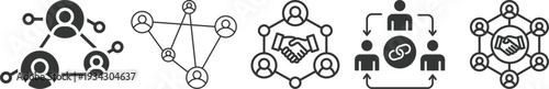 Modern business network and teamwork icons set featuring people connections, partnership. Leadership, meeting, management, togetherness. Corporation Solid vector icons collection.