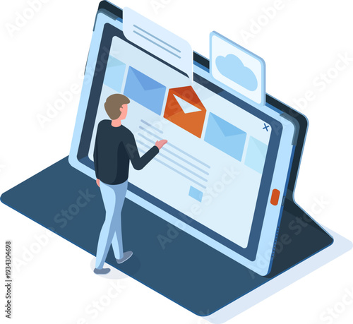 Person interacting with tablet showing email application