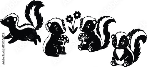 Cute hand drawn skunk characters close up set showing running skunk and sitting skunks holding mushrooms and flowers vector art black and white playful composition illustration