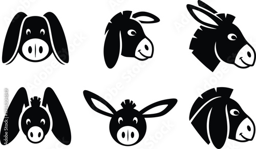 Minimalist vector art row of six donkey head icons facing different angles with smiling expressions close up black silhouette design simple ears nostrils cute