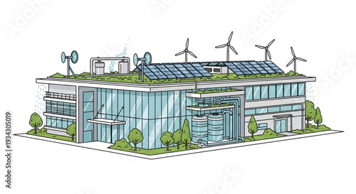 Modern Eco Friendly Building With Green Roof Solar Panels And Wind Turbines.